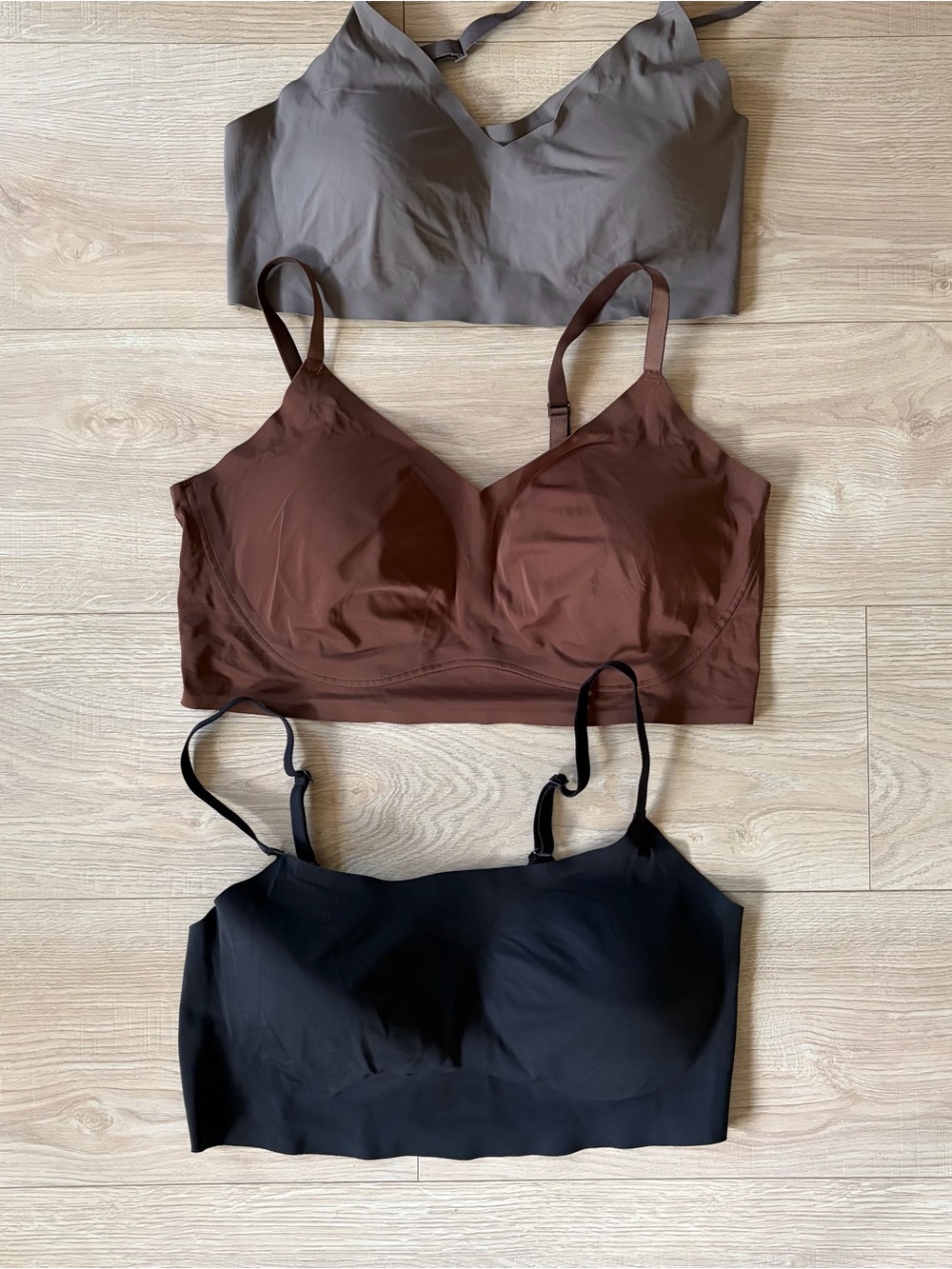 True & Co. Bralette Set in Gray, Chocolate Brown & Black